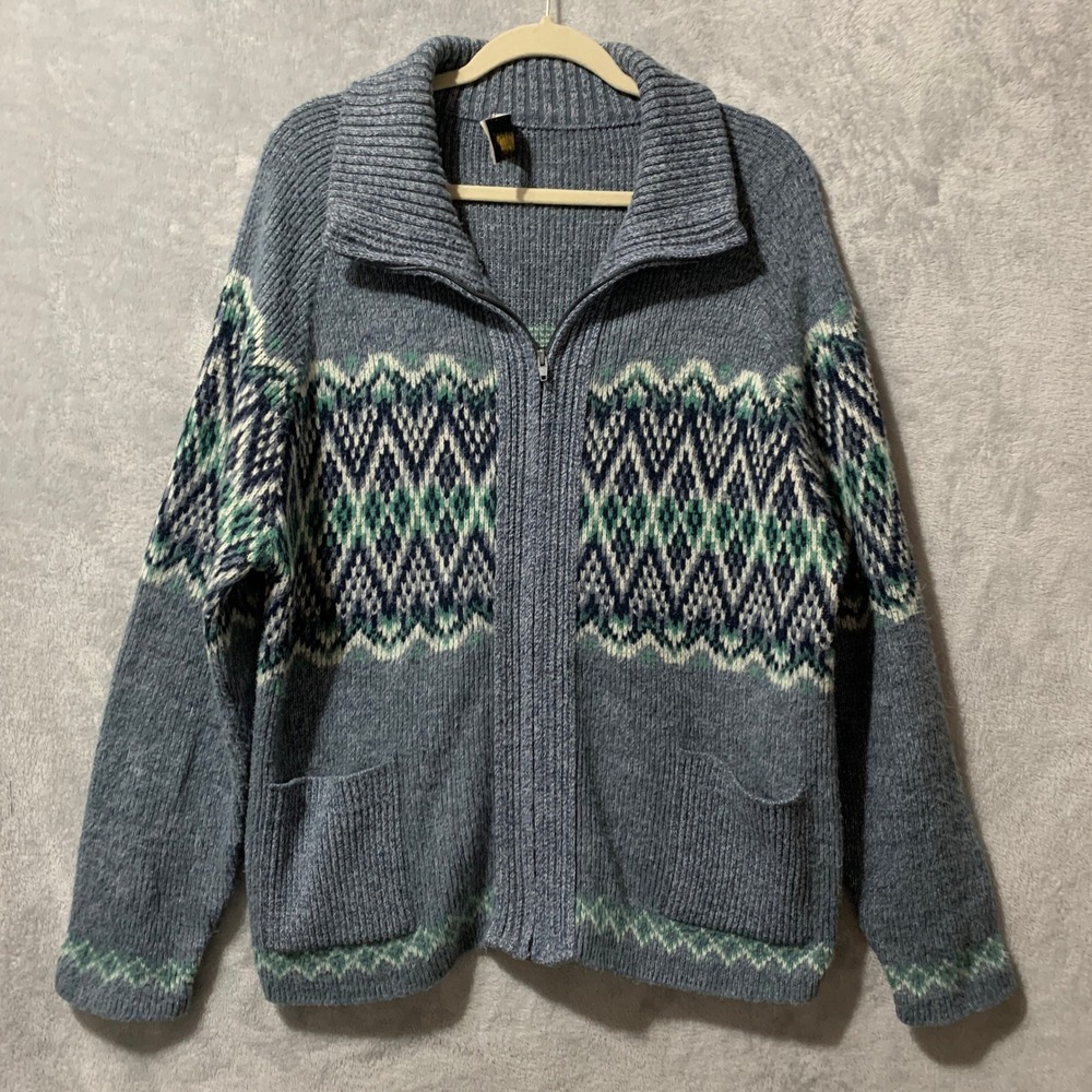 Vtg‎ London Fog Blue Fair Isle Zip Up Cardigan Jacket Large Shawl Collar Pockets